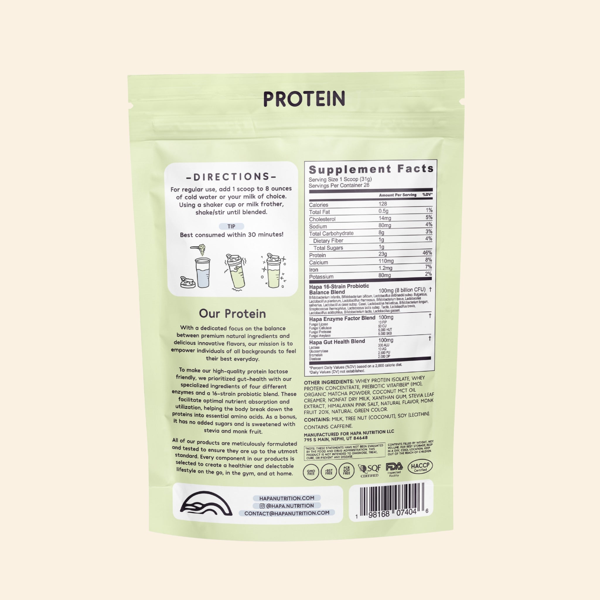 Back of Matcha Latte protein powder