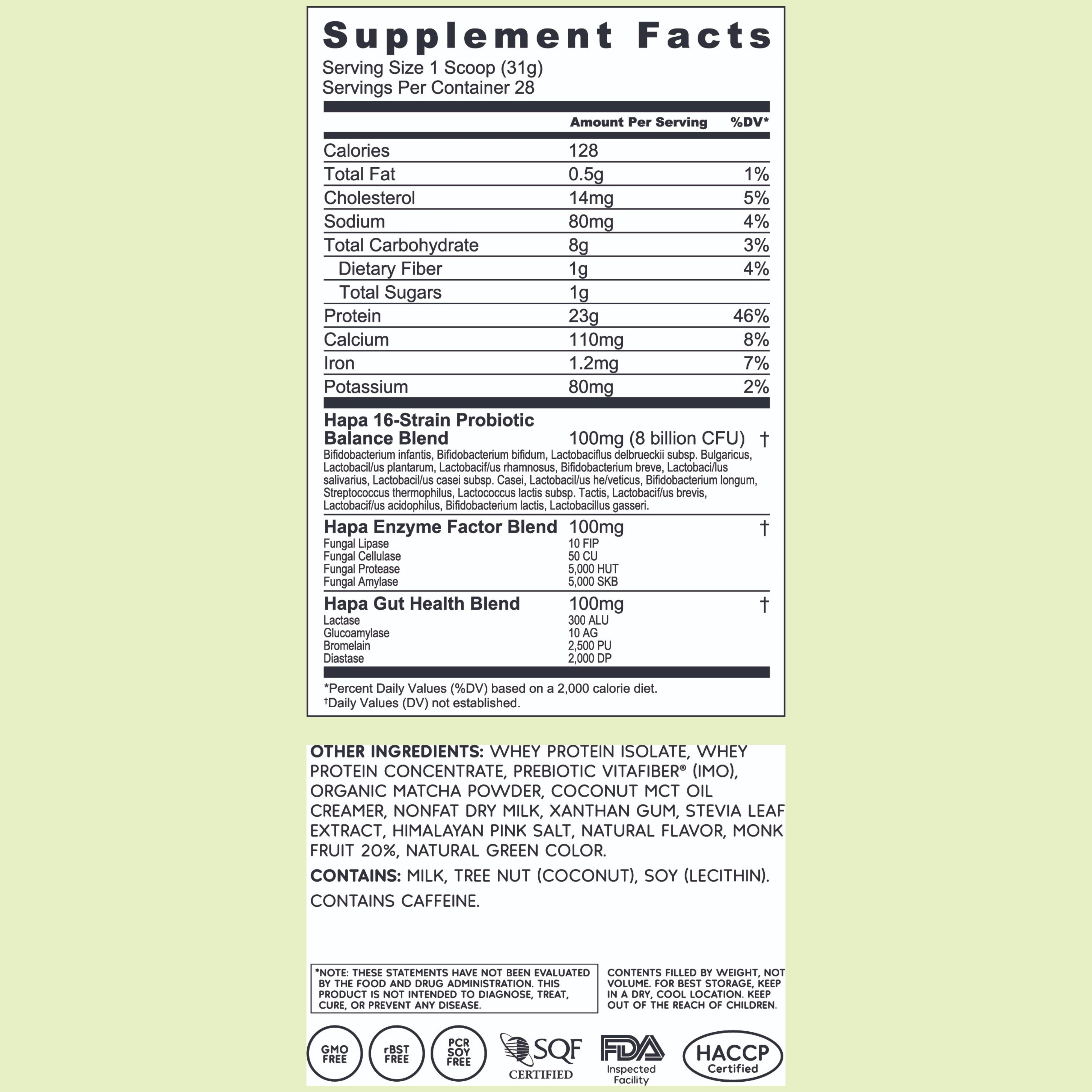 Matcha Latte Protein Protein Supplement Facts